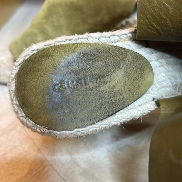 CELINE Paris Made In Spain Suede Olive Green Jute Open Toe Wedge Espadrilles - Picture 6 of 11